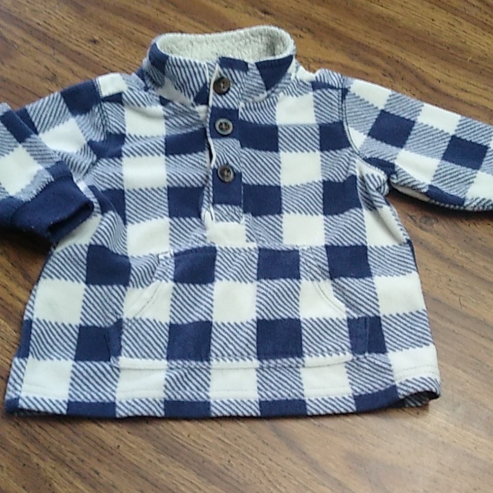 Boys 12 Months Blue and White Plaid Sweater 1/2 Button Up with Kangaroo Pocket